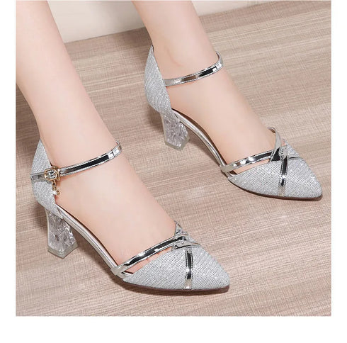 Elegant Slip-On High Heels for Women - Solid Sexy Sandals with Buckle and Sequin Design for Parties and Nightclubs